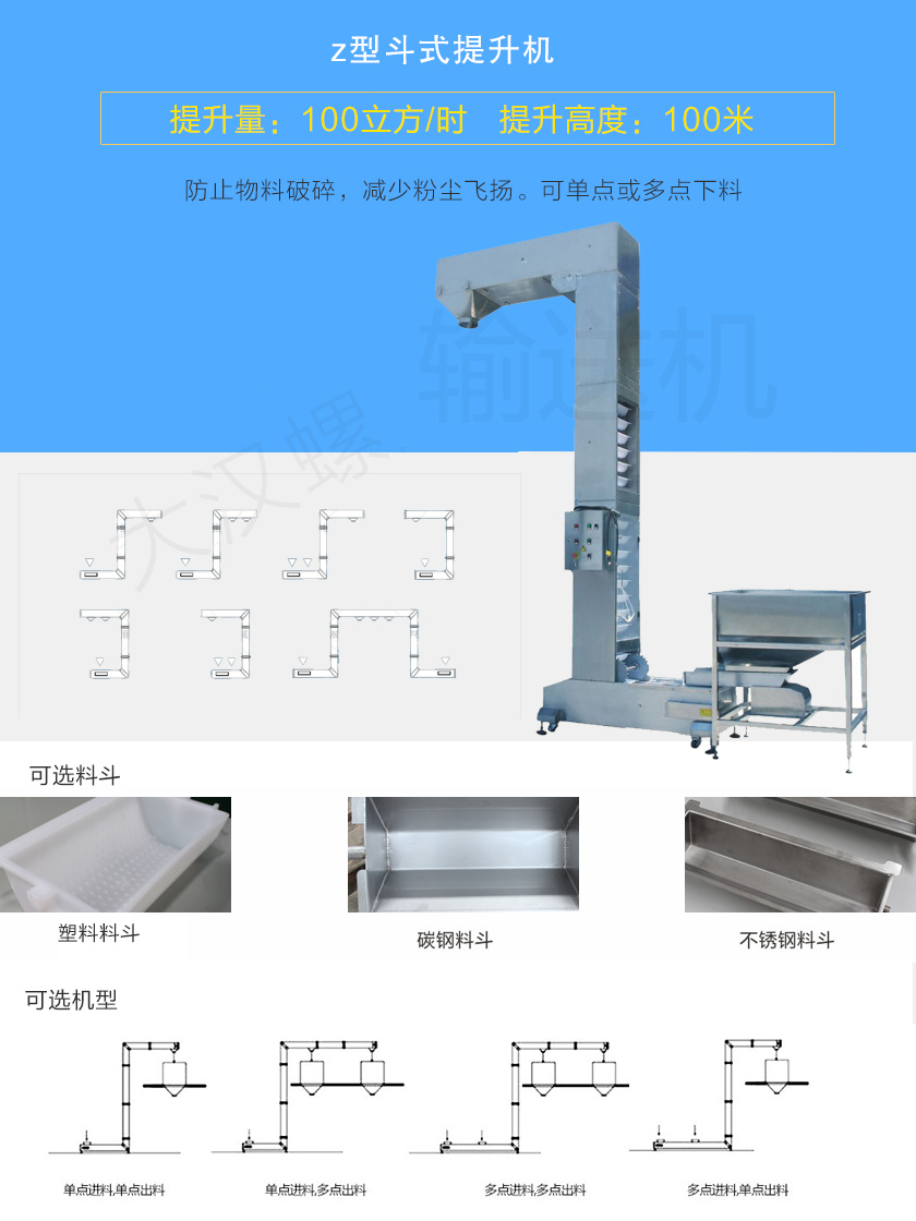 z型鬥式提升機對物料本身破損（sǔn）小，降低廢品率（lǜ）。整機殼（ké）體密封（fēng），降低粉塵飛揚，可z型、c型或混合型使用，單點或多點自動（dòng）下料（liào）