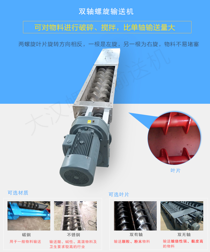 雙軸螺旋輸送機是由兩根分別焊有旋轉葉片的旋轉軸組成的，具備（bèi）破碎、攪拌功能，分為有軸和無軸兩種