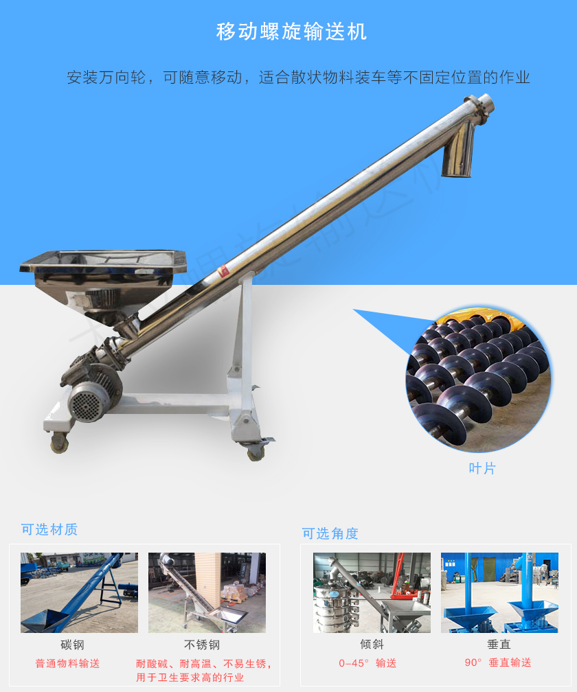 移動螺旋輸（shū）送機主要（yào）安裝有行走輪，可隨意移動，人工即可推動出入倉庫，主要用於裝卸地方（fāng）變動的場（chǎng）合
